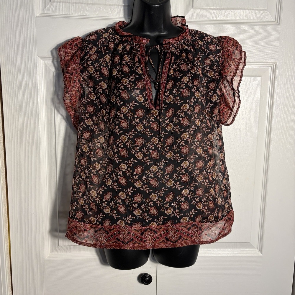 Mango MNG Boho Floral Shirt Women 4 Black Red Sheer Chiffon Metallic Ruffle Top